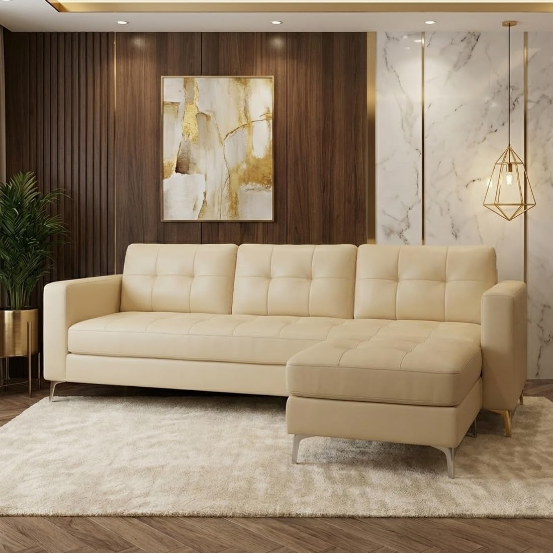 CASASTYLE Creamoy 4 Seater L Shape Sofa Set with Movable Ottoman | Flexible Left or Right Layout | Premium Leatherette | Soft Touch Seating | Ideal Sofa for Living Room (Cream)