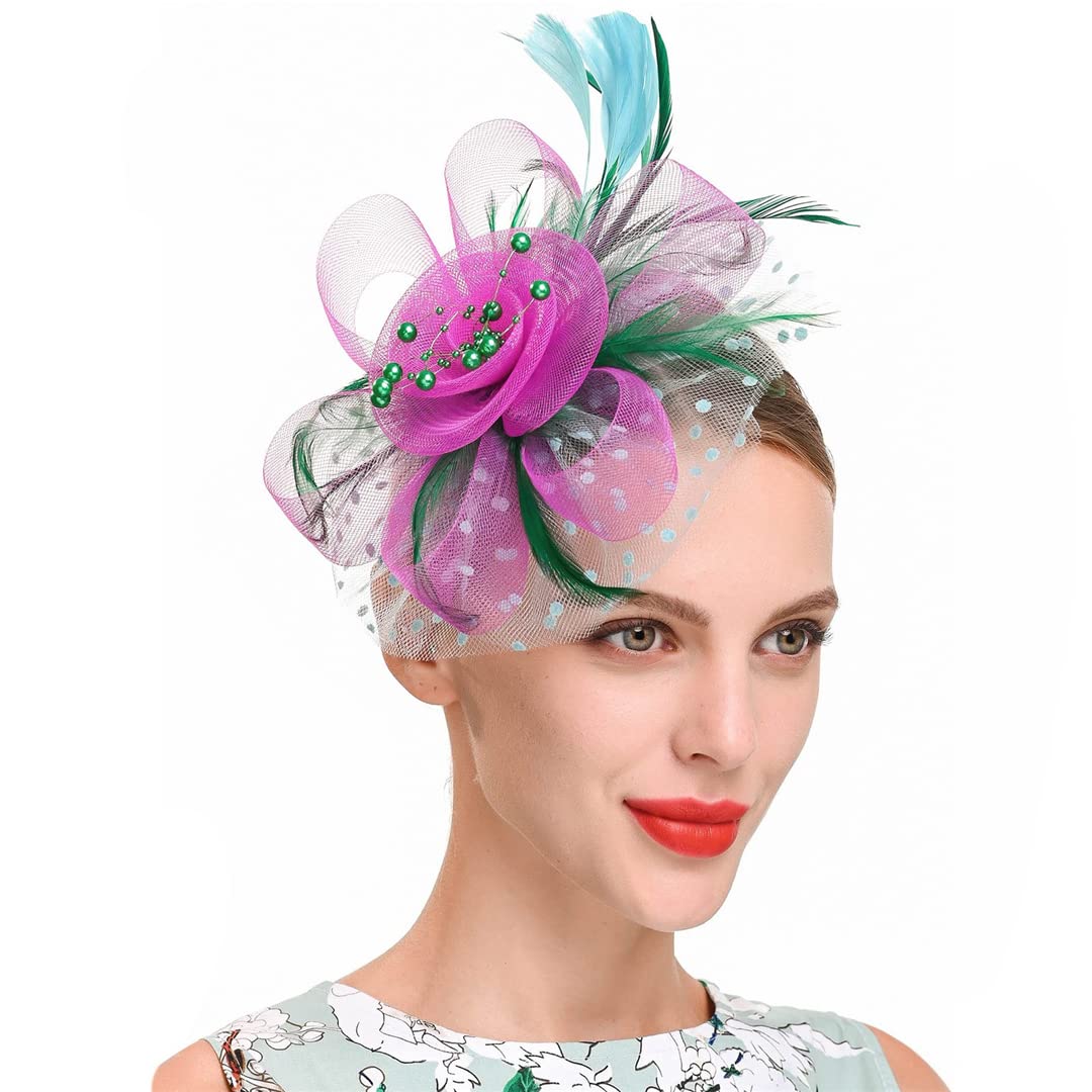 FBHappiness Fascinators Women Flower Mesh Ribbons Feathers Hat Headpiece Or A Clip Cocktail Tea Party Headwear ，Cocktail Hats
