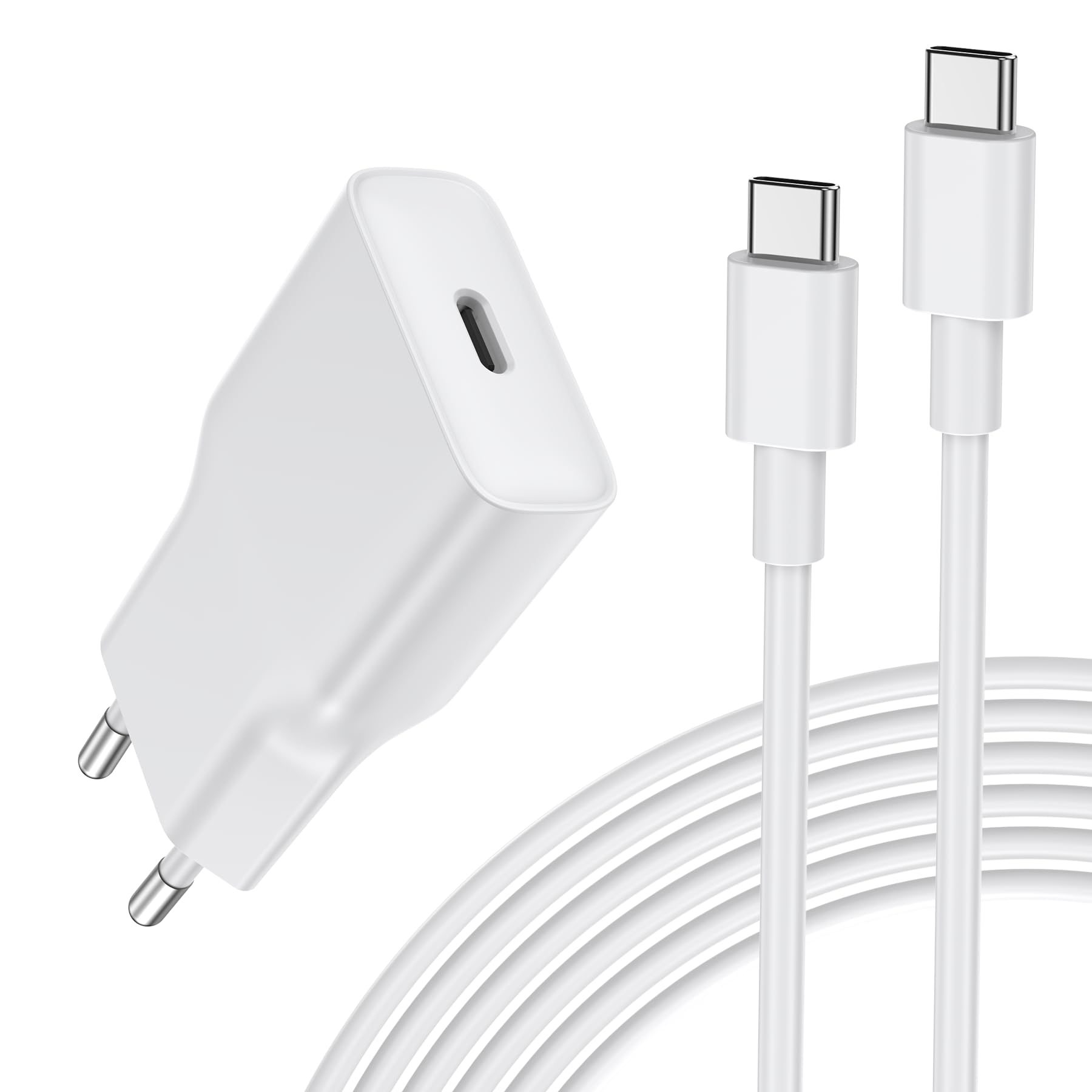 DEESOOCO Ultra Thin USB-C Charger 20 W, Plug USB-C Power Supply Fast Charger for iPhone 17 16 15 14 13 12 11 Pro Max X XS, Sam-Sung, Ultra Slim Charger, 2 Metre Cable