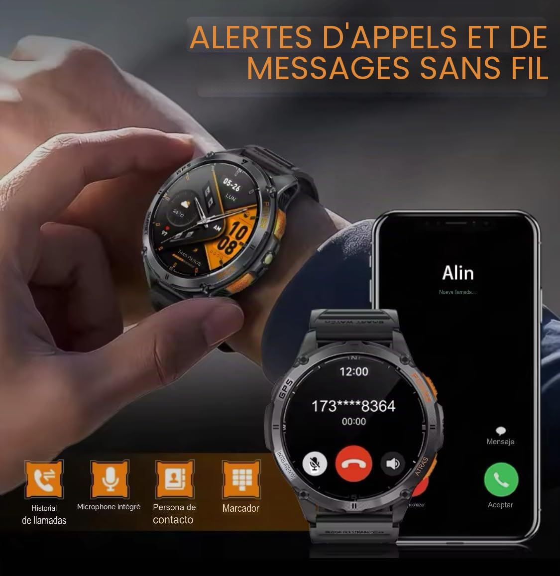 Amoled 1.43 Montre intelligente avec lampe de poche, altimètre barométrique et boussole avec batterie de 530 mAh, résistance militaire et moniteur de santé
