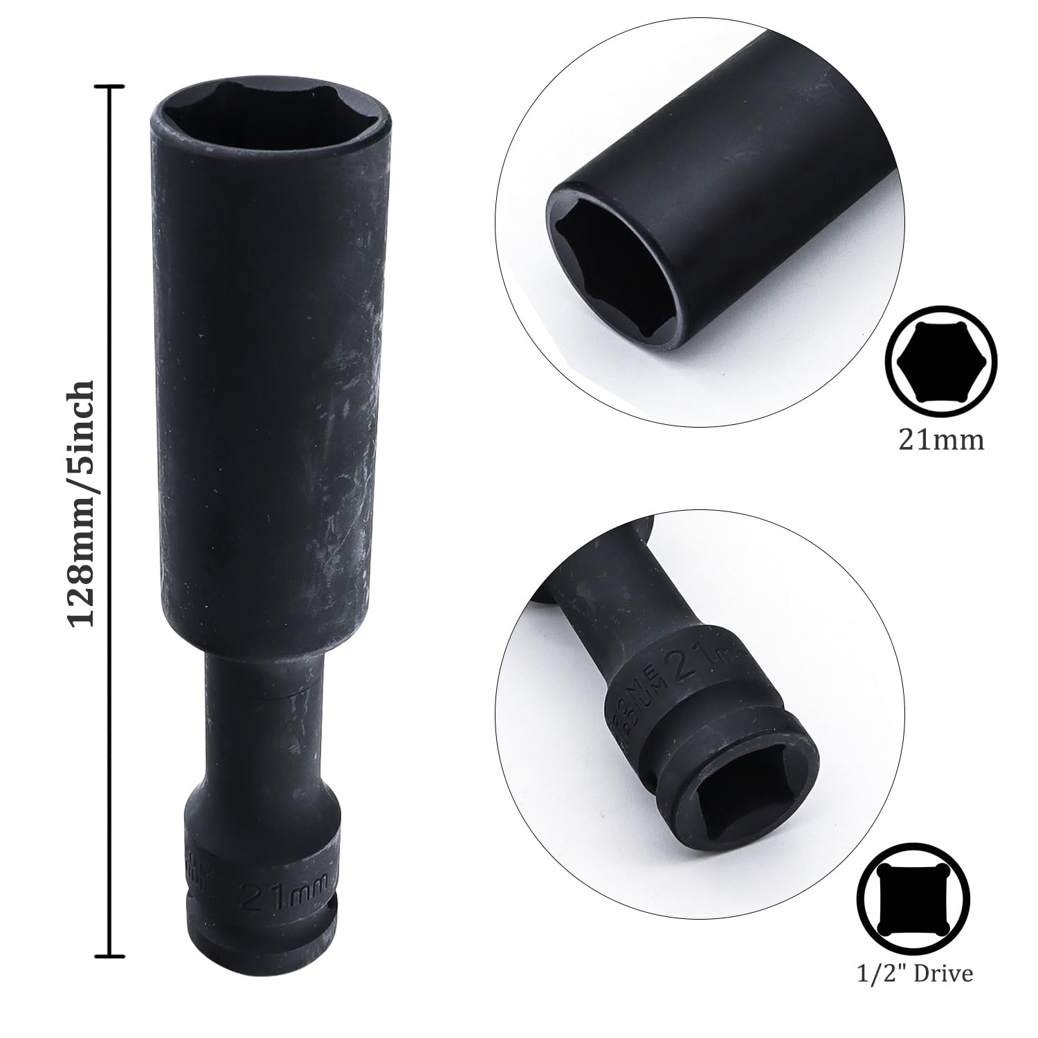 Juttzzei Deep Thin Wall Impact Socket, Extra Long 1/2 Inch Drive by 21mm Deep Impact Socket - Image 2