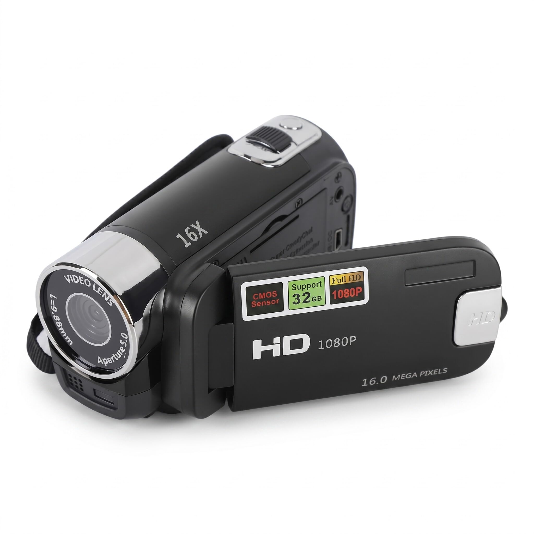 Zunate Przenośny aparat cyfrowy, kompaktowa kamera 16 MP z 8-krotnym zoomem z obrotowym ekranem 6.9 cm, kamera do vlogowania dla dzieci początkujących, obsługuje tryb kamery PC (czarny z regulowanym