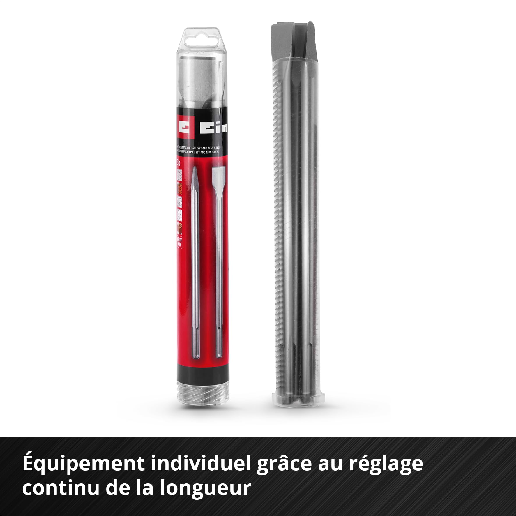 Original Einhell Set de 3 burins SDS Max, 400 mm (burin pointu, burin plat de 25 mm de large, burin bêche de 40 mm de large en acier 40Cr durable pour les travaux de démolition et de rénovation)