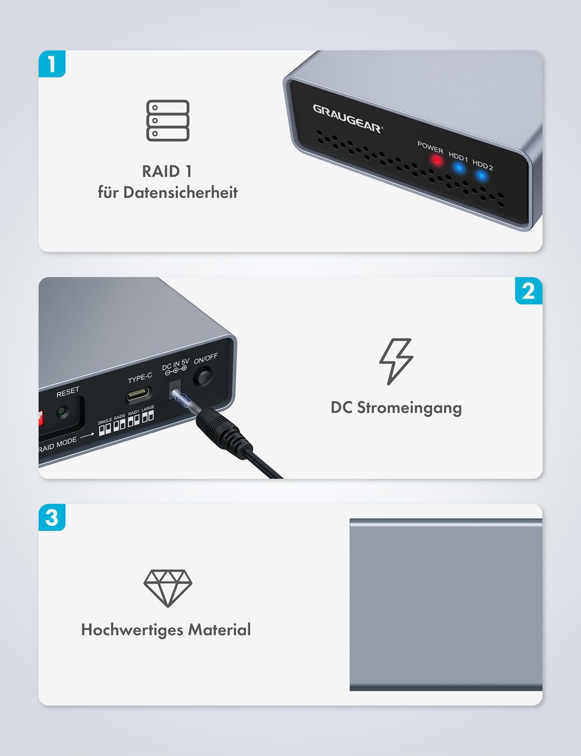 GRAUGEAR | Boîtier Raid Externe | 2 x 2,5" SATA SSD/HDD | Type-C® USB 3.2 Gen2 (10Gb/s) | Raid 0, RAID1, Single, Large | USB-C | USB-A | Aluminium | Bloc d'alimentation | G-25RD2-AC-10G