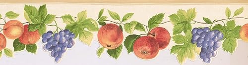 Miniatura 2 de Papel pintado decorativo prepegado frontera con frutas manzanas ciruelo uvas blanco púrpura verde y marrón. tamaño 5.5 "x 15' KT77919DCO