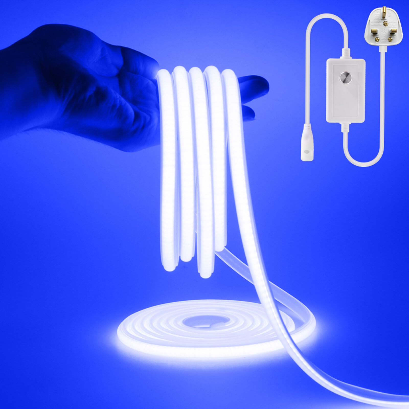 KAFULA 220V dimmable COB LED Light Strip, IP65 Waterproof Flexible, 288 LEDs/m Super Bright FCOB LED neon Light CRI90+, can be Cut Every 50 cm, Home Decoration [8m, Blue Light]