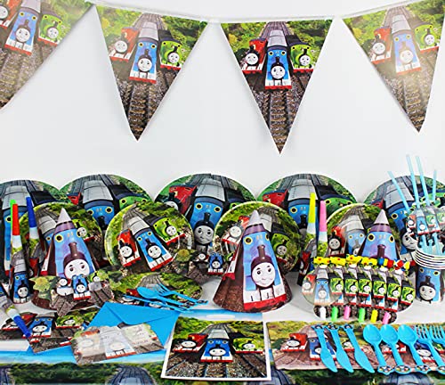 Thomas Train Disposable Tableware Set – 100-Piece Birthday Tableware Pack with Plates, Cups, Napkins, Cutlery, and Tablecloth- Ideal for Birthday Party Decoration for Kids