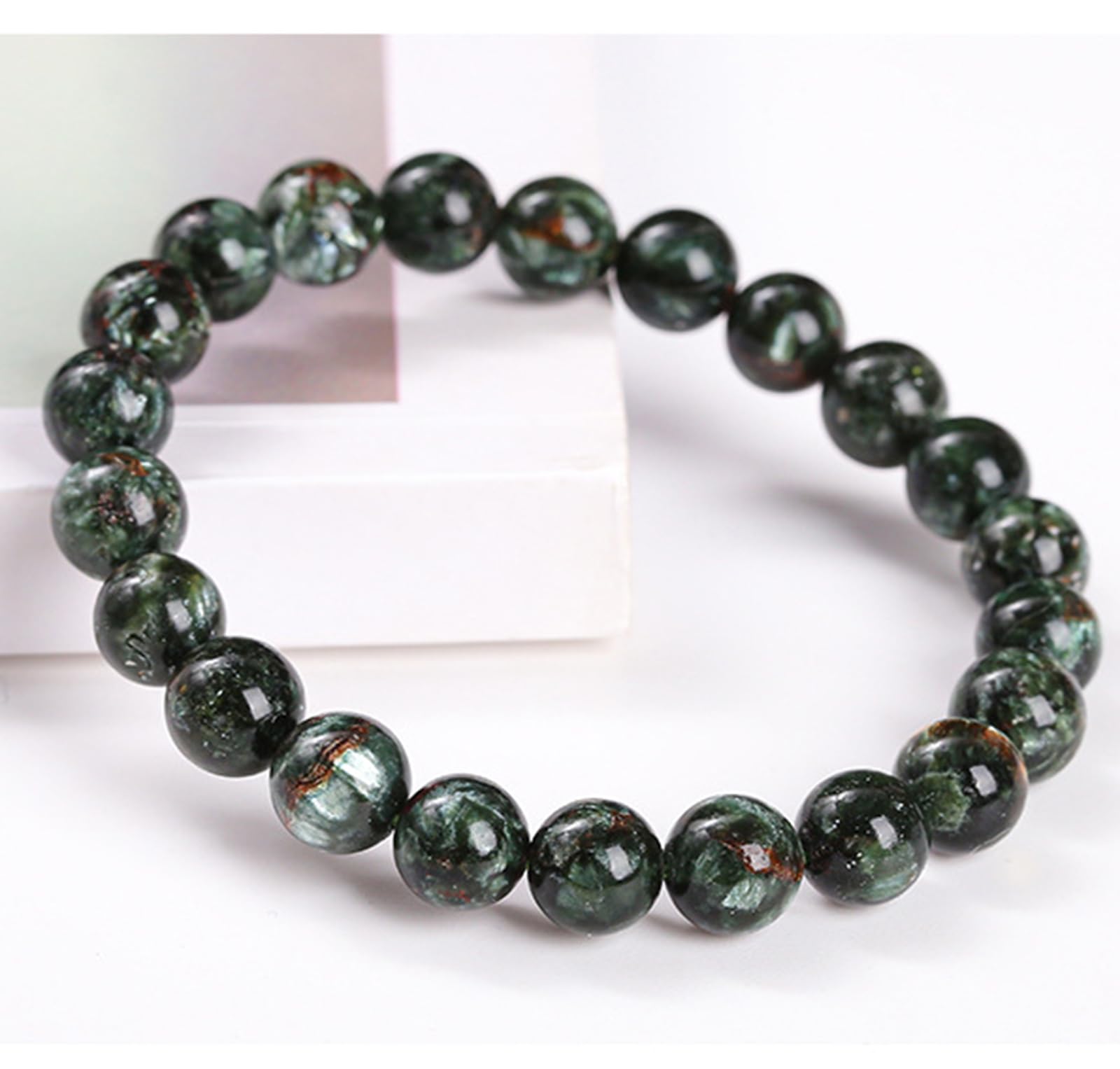 Pulsera de Cuentas de Piedras Preciosas Verdes Naturales Adecuada para Mujeres y Hombres Pulsera de clorito Natural y Cristal de dragón Verde con Escamas de dragón Verde Oscuro,9~10mm