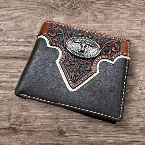 Men’s Short Leather Wallet – Tooled Inlay with Longhorn Concho – Western Cowboy Bifold Front Pocket Wallet for Ranchers, Rodeo Riders & Gift Ideas2