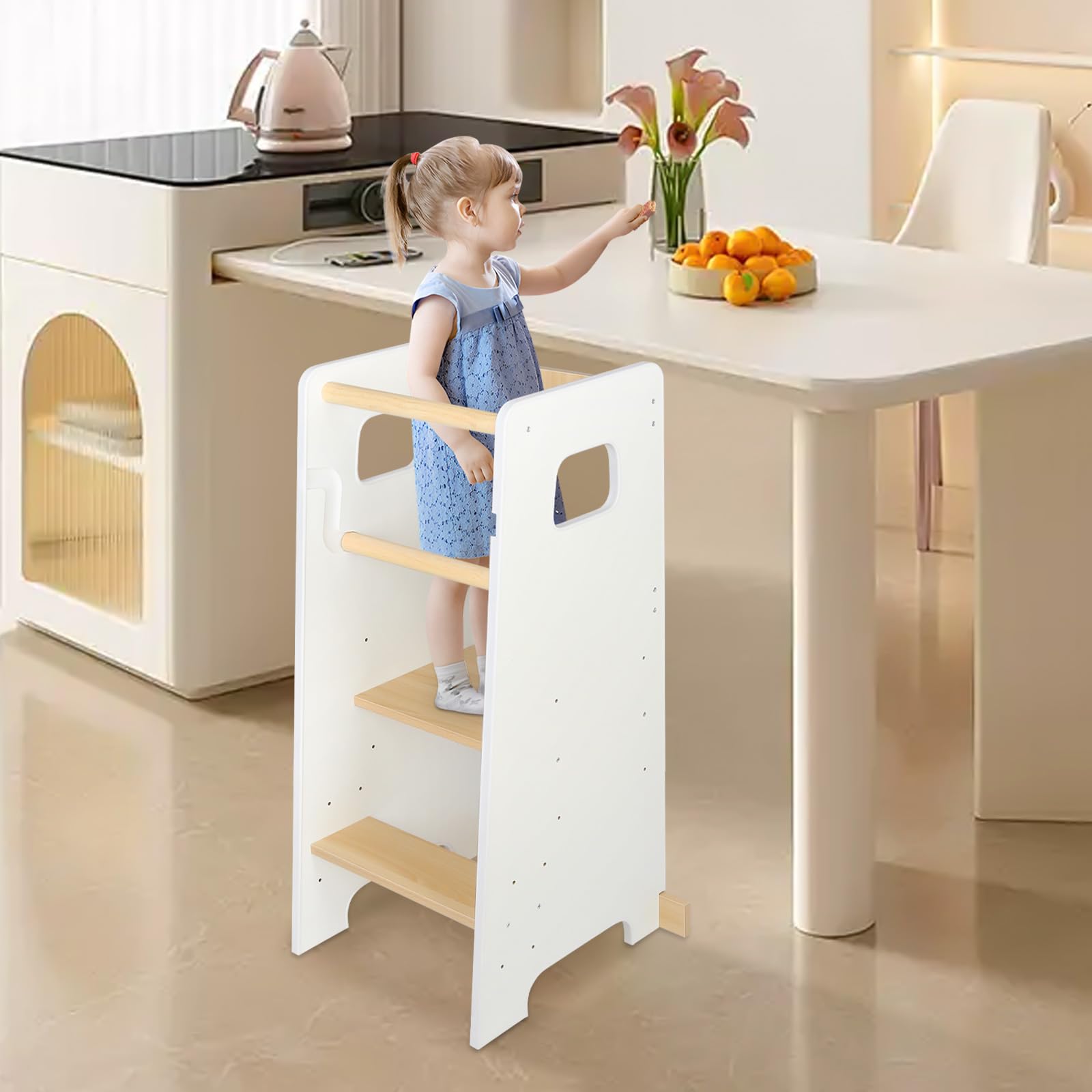 Lernturm Kinder ab 1 Jahr, Höhenverstellbarer Lernstuhl mit Anti-Kipp-Schutz, Montessori Kitchen Helper für Küche & Bad, Schwarz, 90x40x42cm (Weiß)