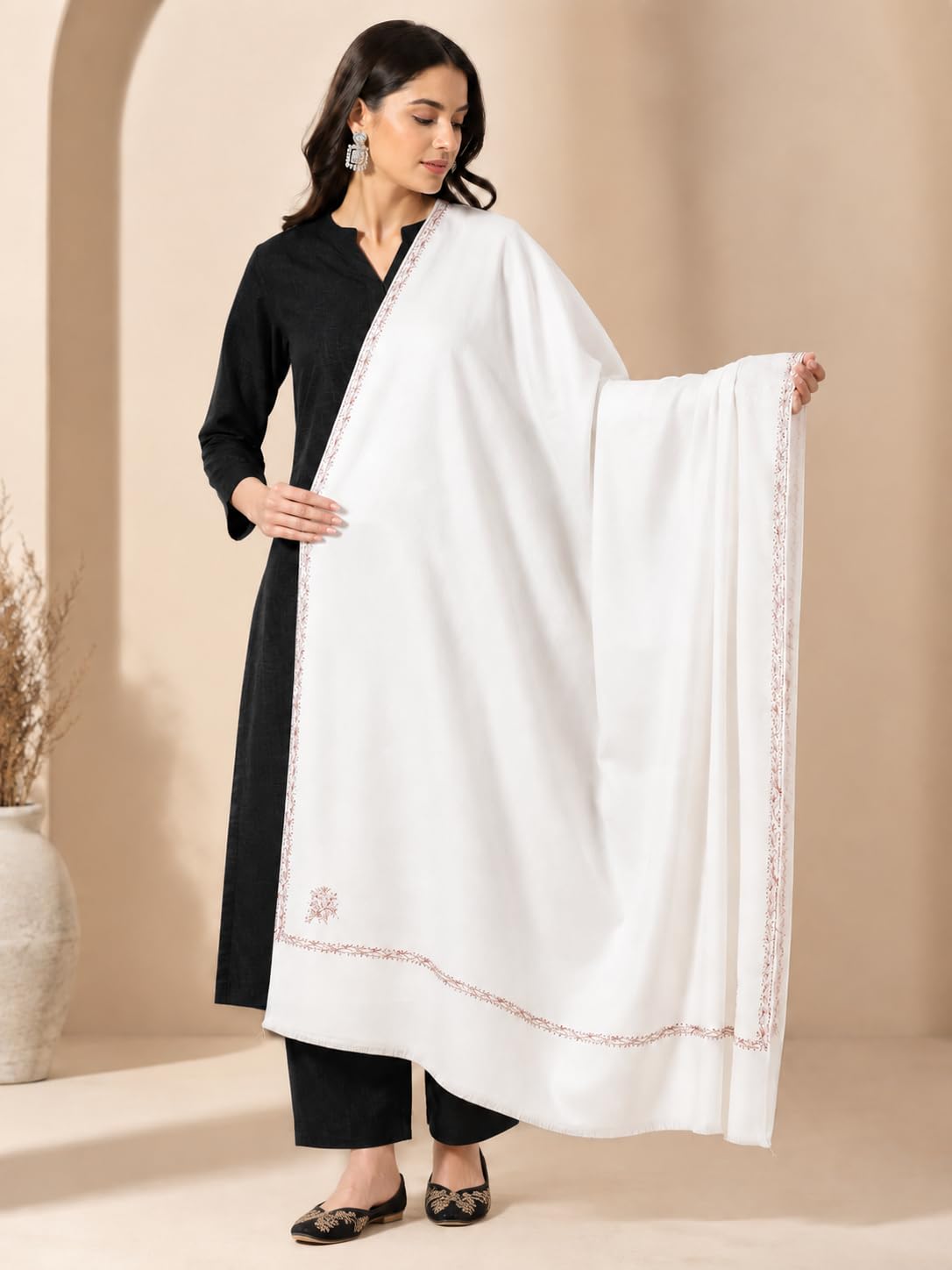 Matelco Women's Wool Shawl With Border Embroidery (Mepi102-Parent_Pink_40 X80 Inches) (Off White) 4