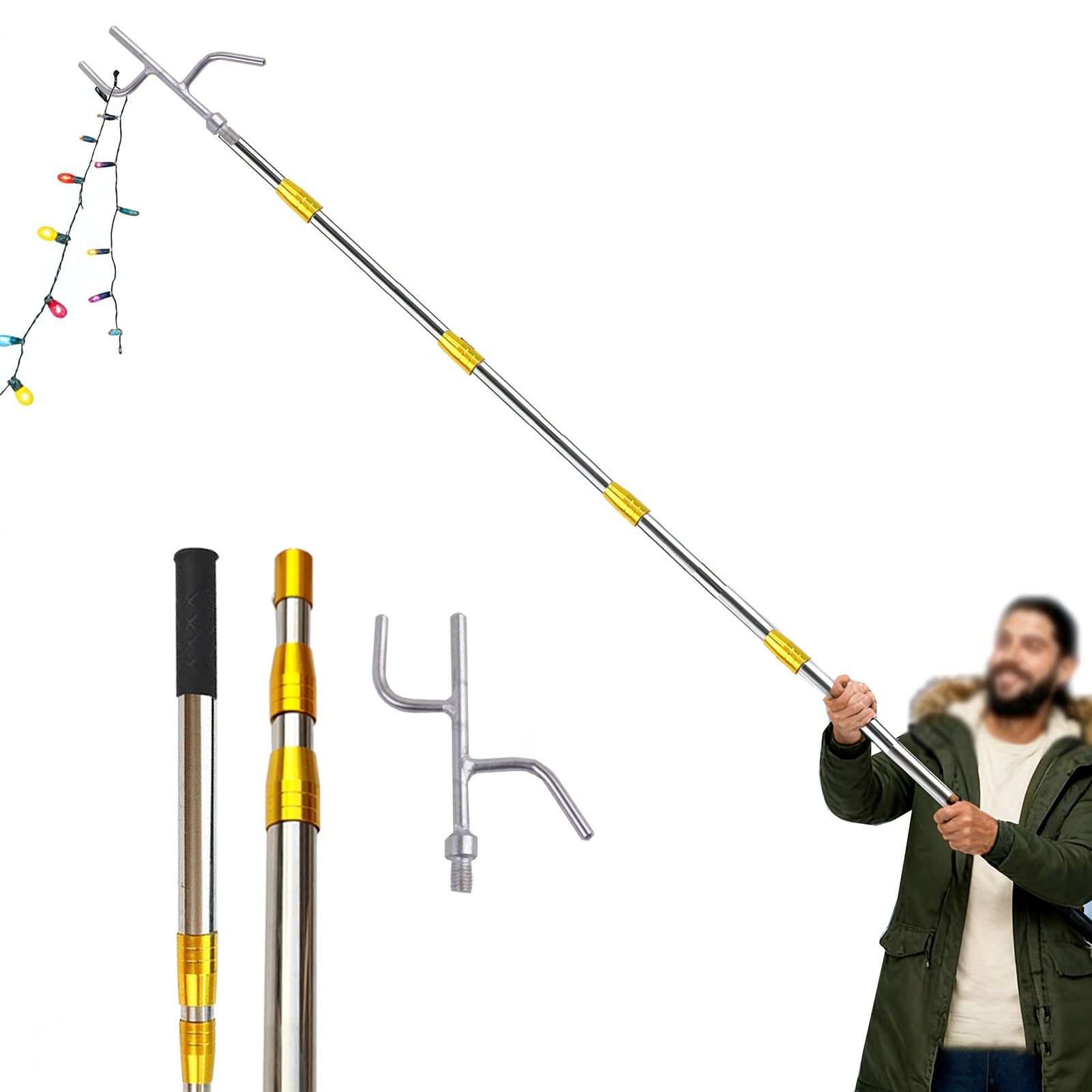Mezzo Marinaio per Barca Palo Telescopico Extra Lungo per Appendere Luci, Estensore per L'altezza Dell'albero di Natale con Ganci e Impugnatura Sostituibili, Gancio(80-180cm/32"-71")