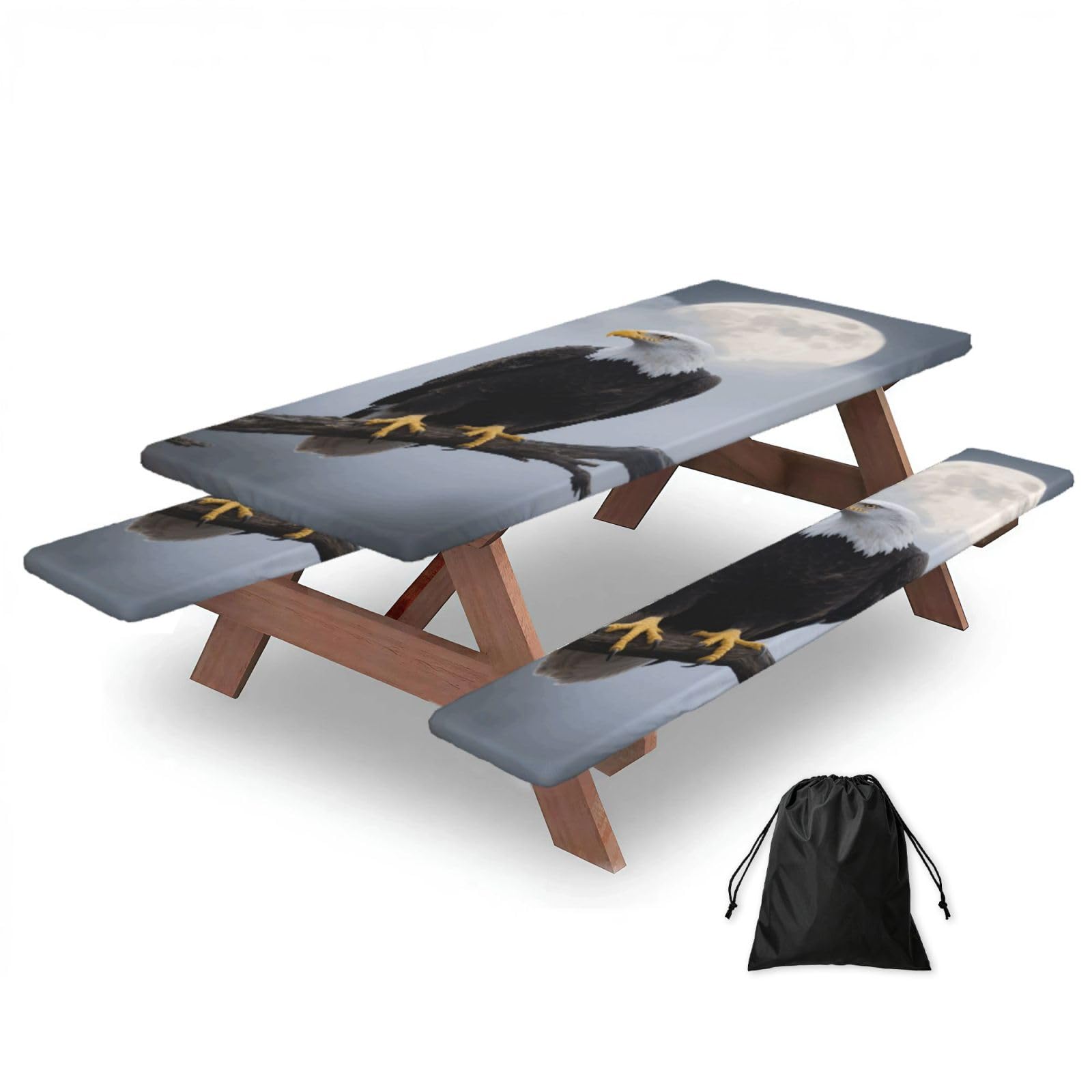 FekiLoot Eagle Full Moon Picnic Table Cover with Bench Covers and Bag, Windproof Waterproof Rectangle Tablecloth with Elastic Edges Fitted Camping Table Covers Portable Camping Accessories
