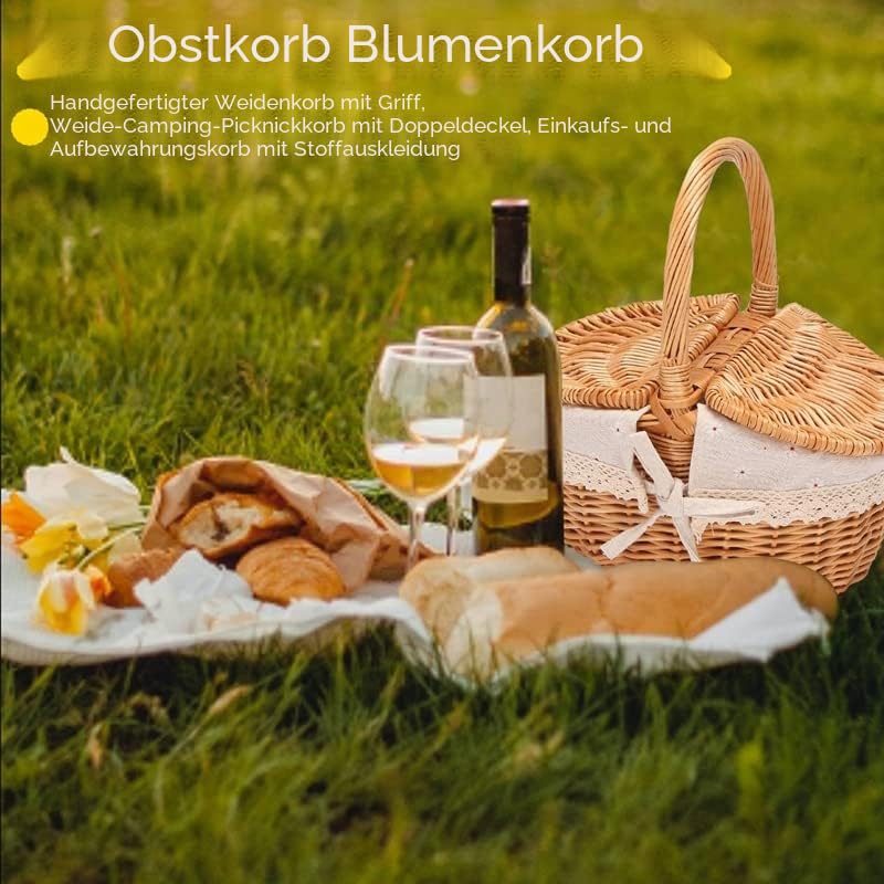 Handgemachte Weiden Korb mit, Wicker Camping Picknick Korb mit Doppel Deckel, Einkaufskorb Korb mit Stoff Bezug