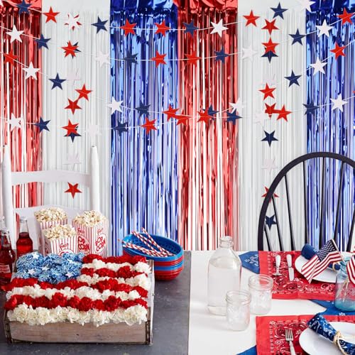 Image of 4th of July Decorations Set: 8 Strands Patriotic Star Streamers Banner Garland + 2 Pack 3.28Ft x 6.56Ft Metallic Tinsel Foil Fringe for Independence Day Memorial Day