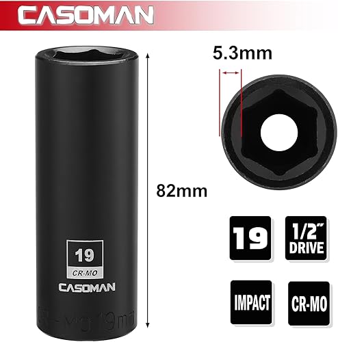 Miniatura 162 de CASOMAN 1/2" Drive x 1.417 in Deep 12 PT Socket Impacto, CR-MO, 1/2" Drive 12 Point Axle Nut Socket para una fácil extracción de las tuercas del eje