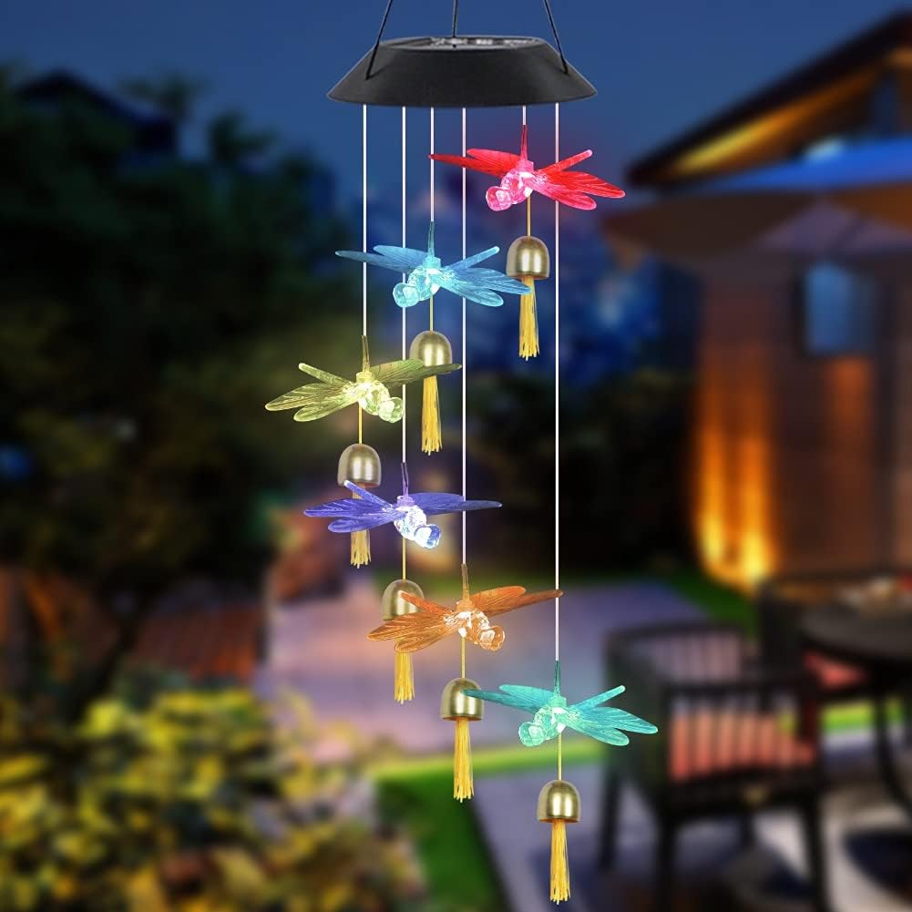 MorTime LED Solar Wind Chime with Bell,Mobile Hanging Wind Chime for Home Garden Decoration, Automatic Light Changing (Dragonfly Bell)