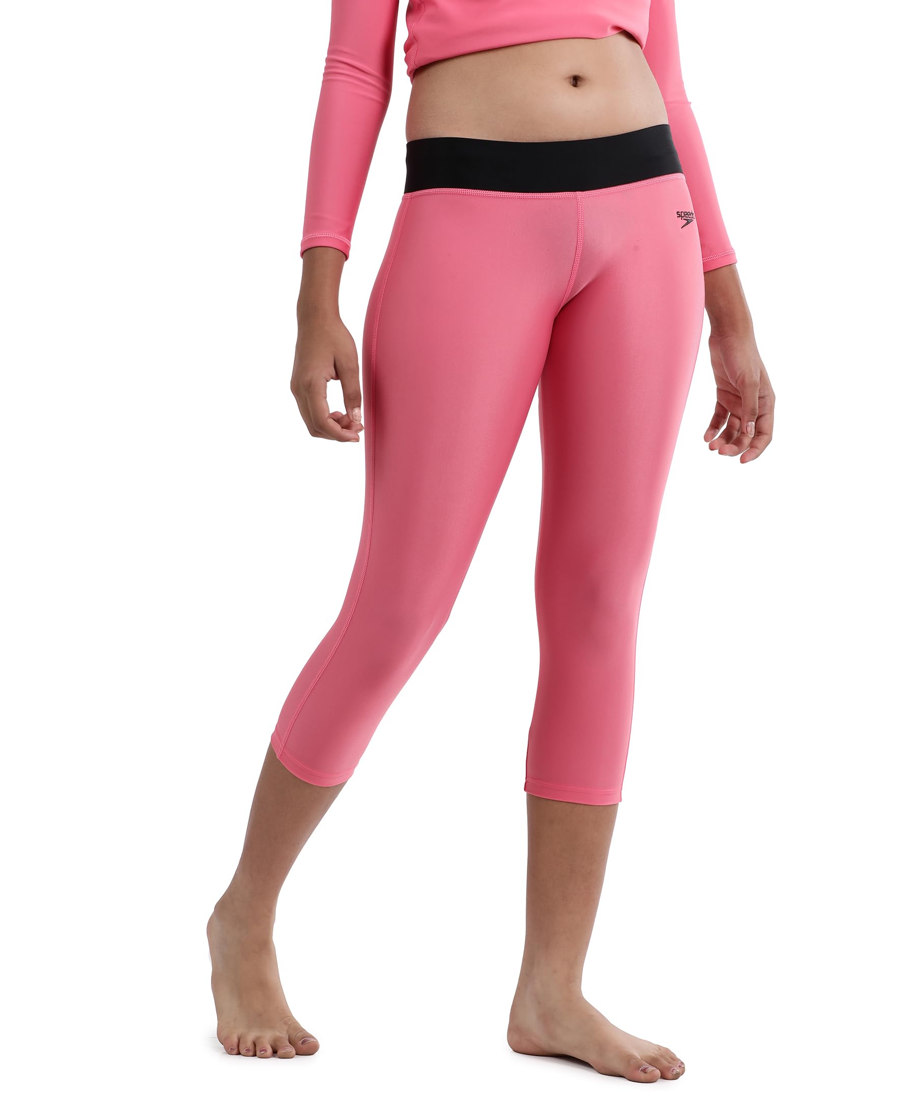 Speedo Girl's Recycled Endura Brite High Chlorine Resistant UPF 40+ Sun Protection Active Capri - Fadango Pink & Black 1