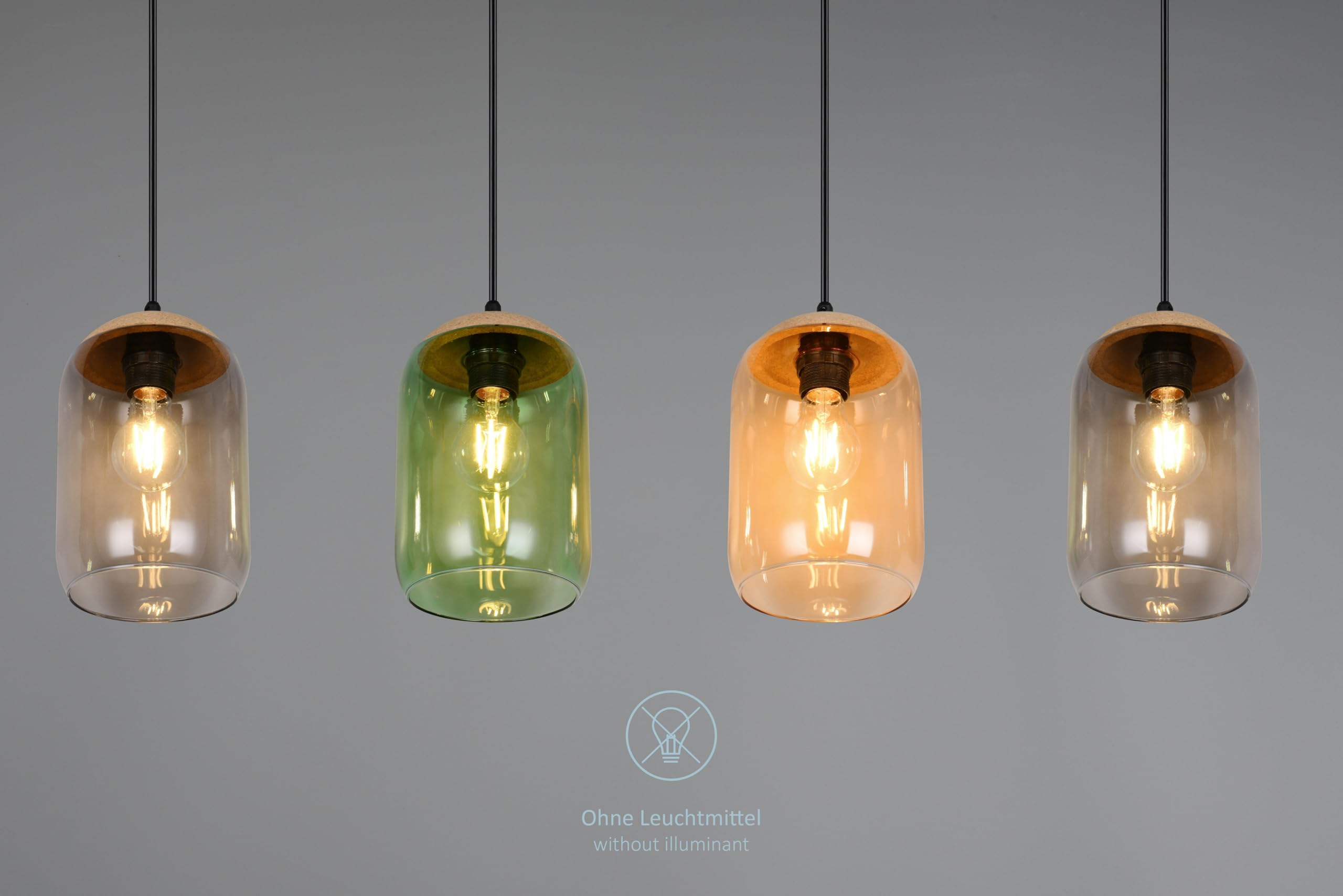 Pendelleuchte Colara, Pendel 4-flammig, Glasschirme in Grün, Rauch, Amber, stufenlos höhenverstellbar, exkl. 4 x E27, max 10W, Höhe 150 cm, Breite 90 cm, schwarz matt