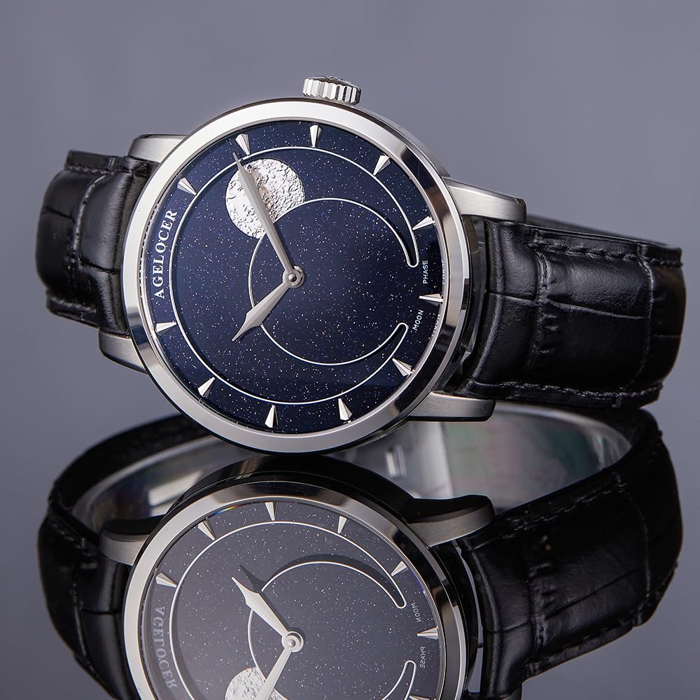 agelocer Mechanische Automatikuhr für Herren, New Moonphase, 40 mm, 3D-Zifferblatt aus blauem Sandstein, 80H Gangreserve, Saphirglas, Krokodillederarmband