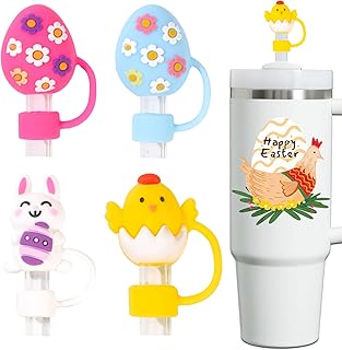Easter Straw Toppers - Silicone Stanley Cup Accessories Covers with Cute Chick, Bunny & Egg Designs Easter Basket Stuffers & Egg Fillers for Festive Party Supplies & Gifts
