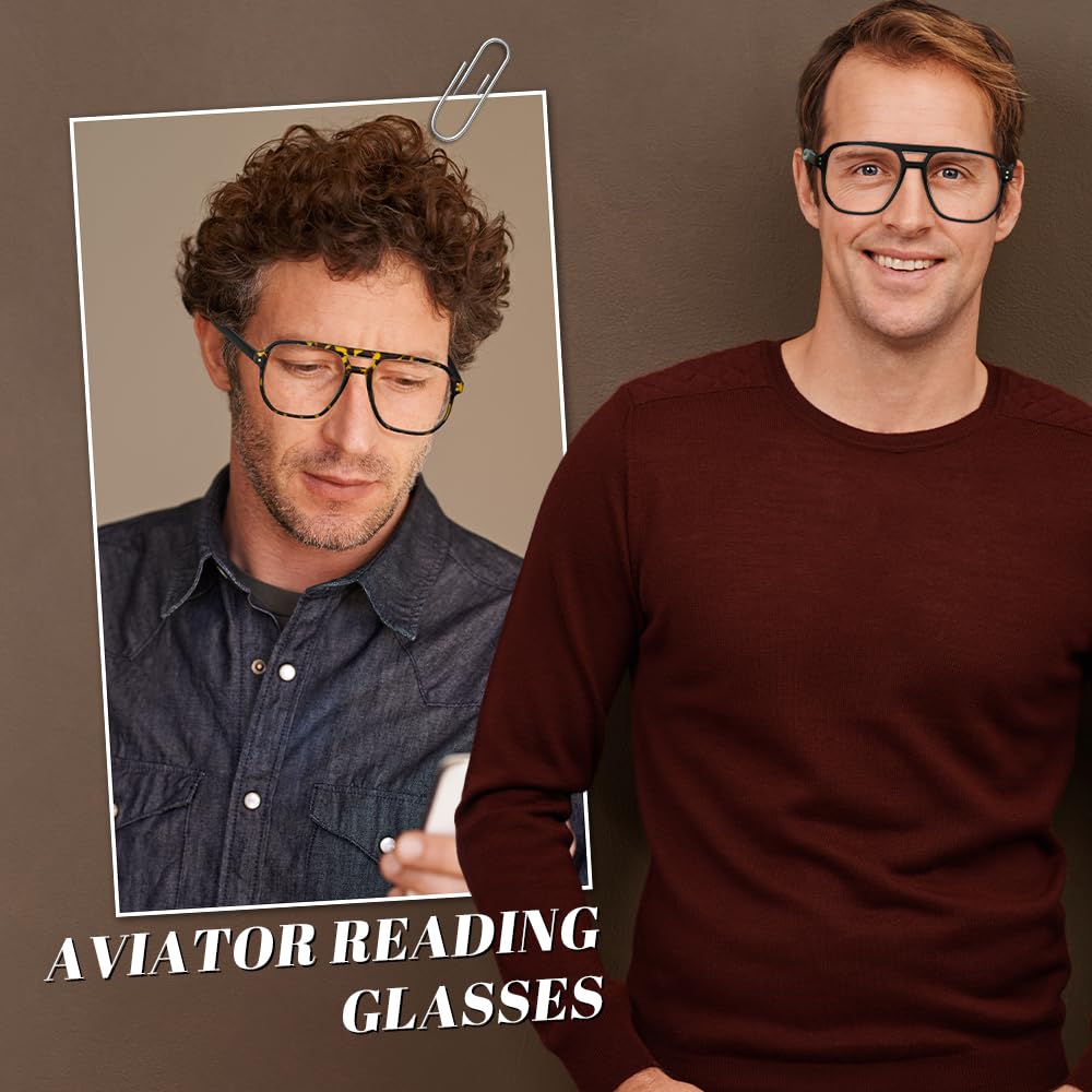 Lot de 3 Lunettes de Lecture Aviateur Homme avec Lumière Bleue Lunettes de Lecture Rétro pour Ordinateur 1.5 Gris Caravane Noir Grande