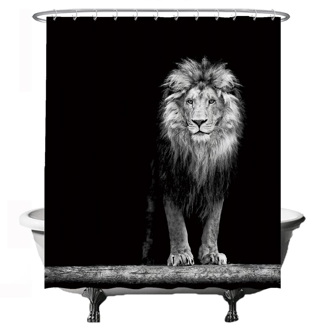 Ulticool - Cortina de Ducha - León Cabeza de Naturaleza Animales - 180 x 200 cm - Semi Transparente - Cortina de baño - Lavable - Antimoho - con 12 Anillas Blancas - Azul Beige - Negro Blanco
