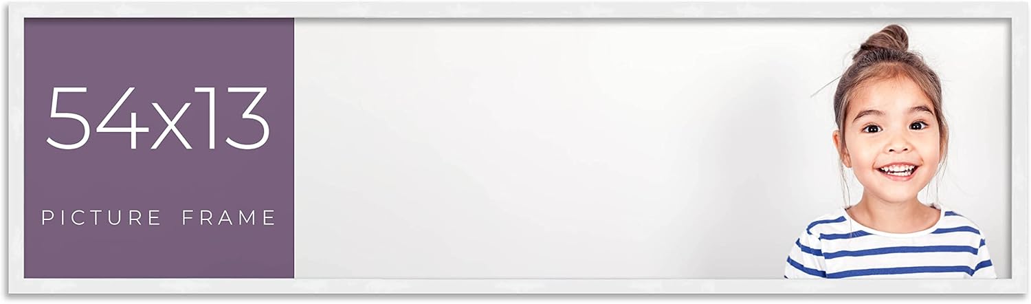 54x13 Frame White Real Wood Picture Frame Width 0.75 Inches | Interior Frame Depth 0.5 Inches | Bianca Mid Century Photo Frame Complete with UV Acrylic, Foam Board Backing & Hanging Hardware