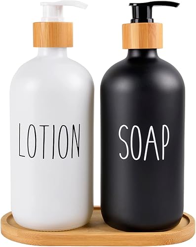 ChezMax Dispensadores de jabón de manos y loción con bomba y bandeja de bambú de alta calidad, paquete de 2 tarros de vidrio grueso a prueba de