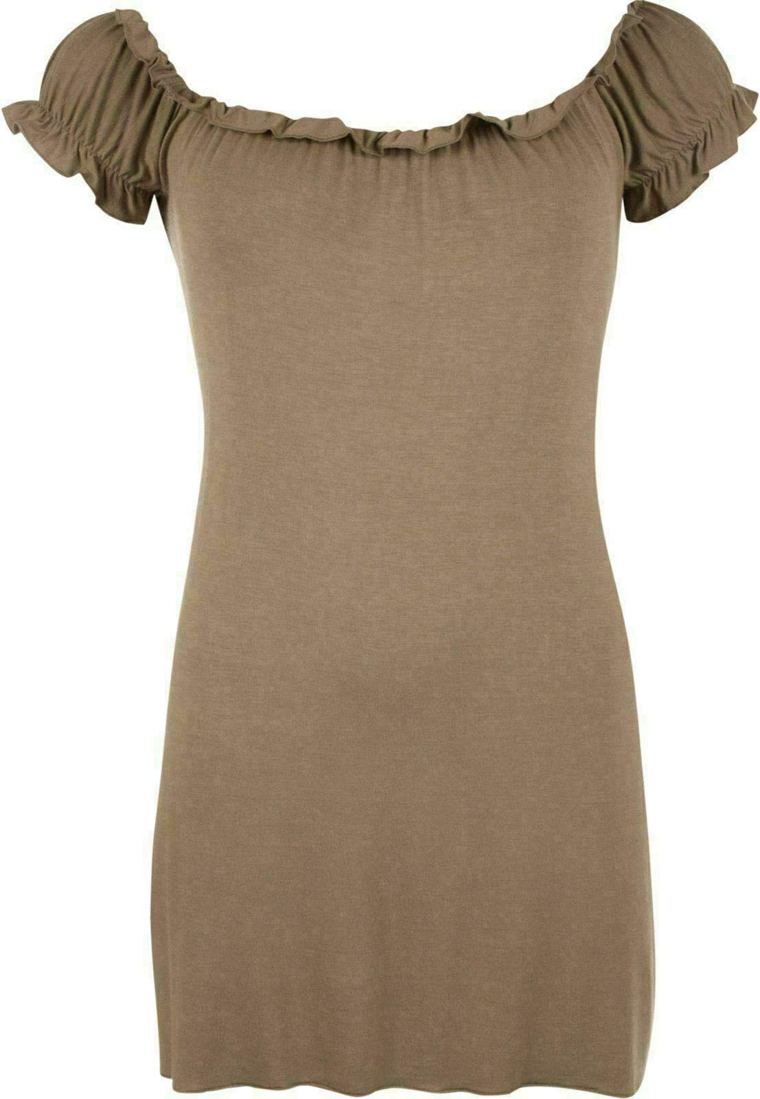 FAIRY BOUTIQUE Ladies Off Shoulder Gathered T Shirt Tops Womens Gypsy Boho Ruched Elasticated Stretch Top Mocha