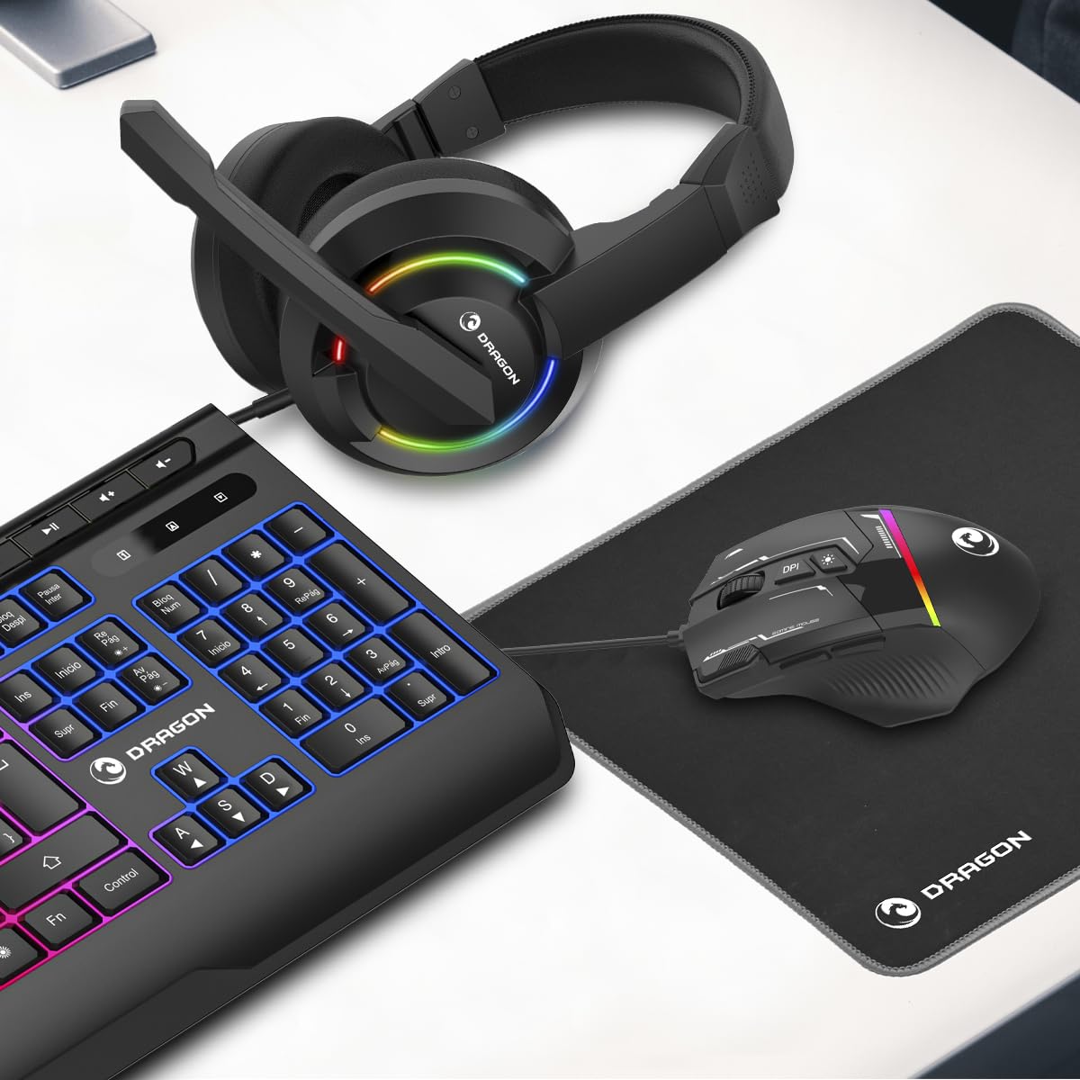 PRIXTON Kit Gaming Dragon con Teclado, Ratón, Auriculares y Alfombrilla, Accesorios Gamer, Retroiluminación RGB, Teclado español, Cascos música, Anti-Ghosting, para Windows/Mac/PC/Ordenador Portátil