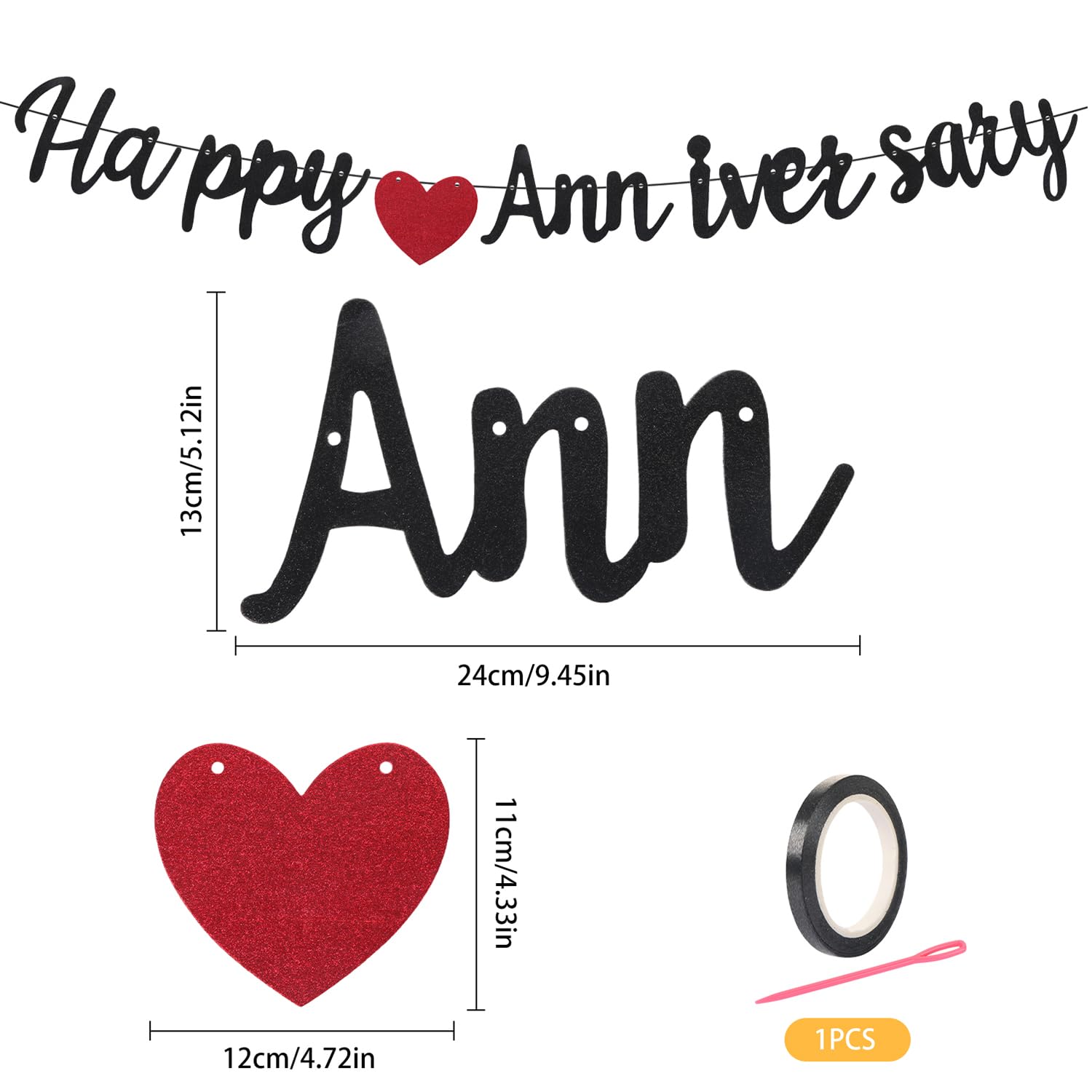 UHOMENY Happy Anniversary Banner Wedding Anniversary Party Decorations Glitter Love Heart Hanging Banner Bunting Garland for Wedding Decor Party Supplies (Black) - Image 2