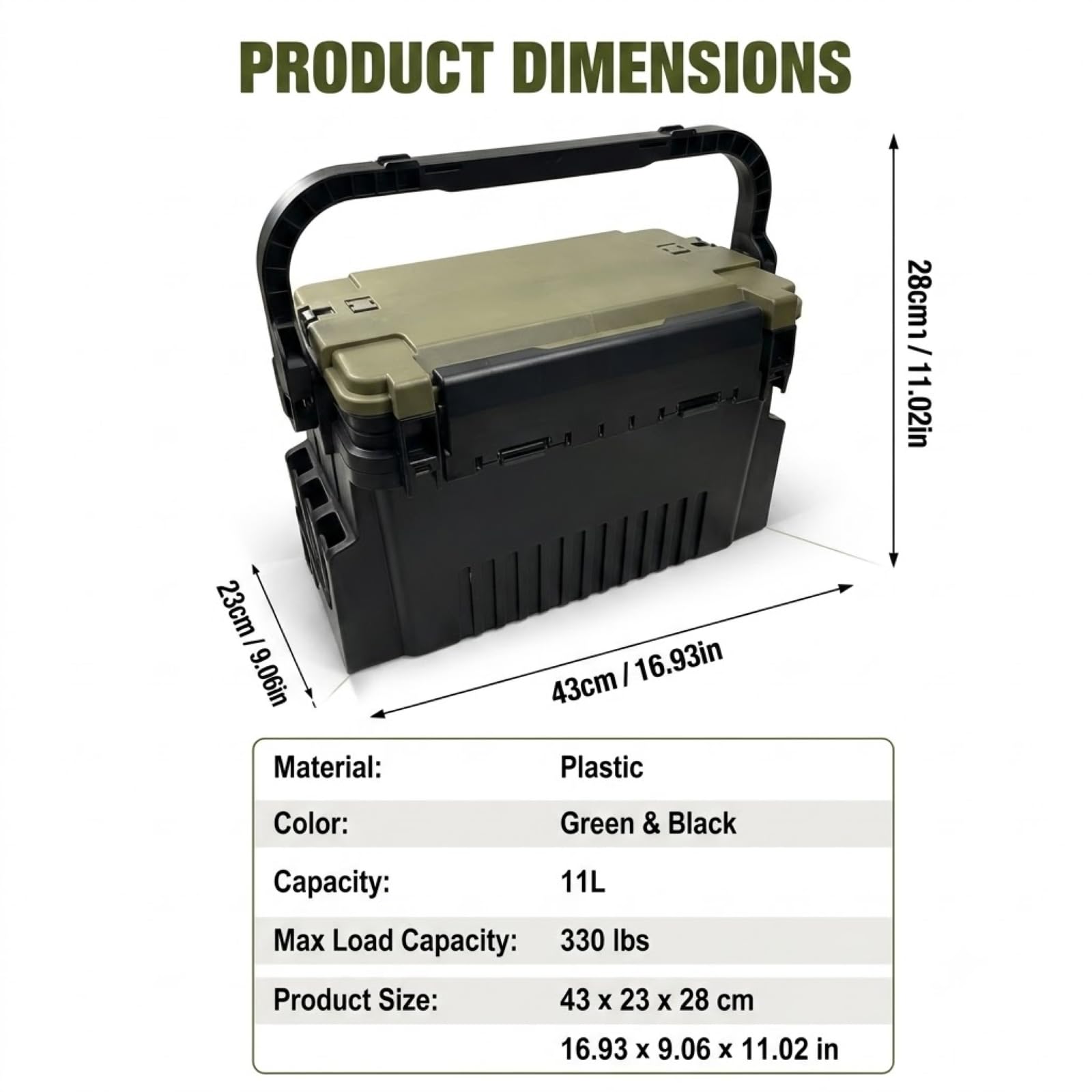 Angelkoffer Groß 2-Stöckig mit Sitzfunktion Wasserdicht Schwarz | 43×23×28cm, bis 150kg belastbar, 2-stöckig mit Trennwänden, Rutenhalter & Becherhalter, wasserdichte Hartschale, stoßfest, kl