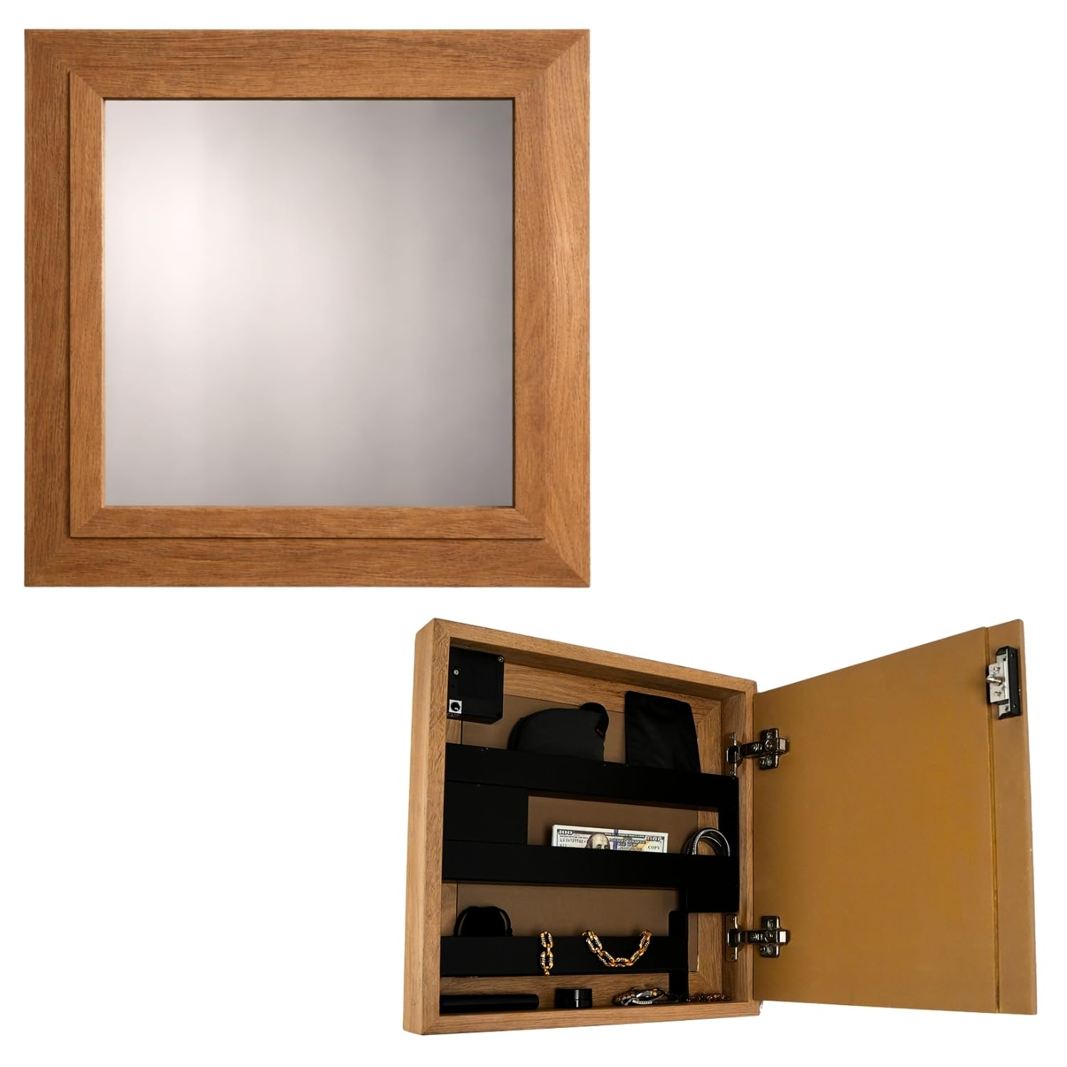 Beetle Wood - Espejo de Roble Macizo con Compartimento Secreto y Doble Fondo Oculto | Caja Fuerte camuflada con Cerradura NFC/RFID | Mueble de Seguridad para Joyas, Dinero y Documentos | Montado