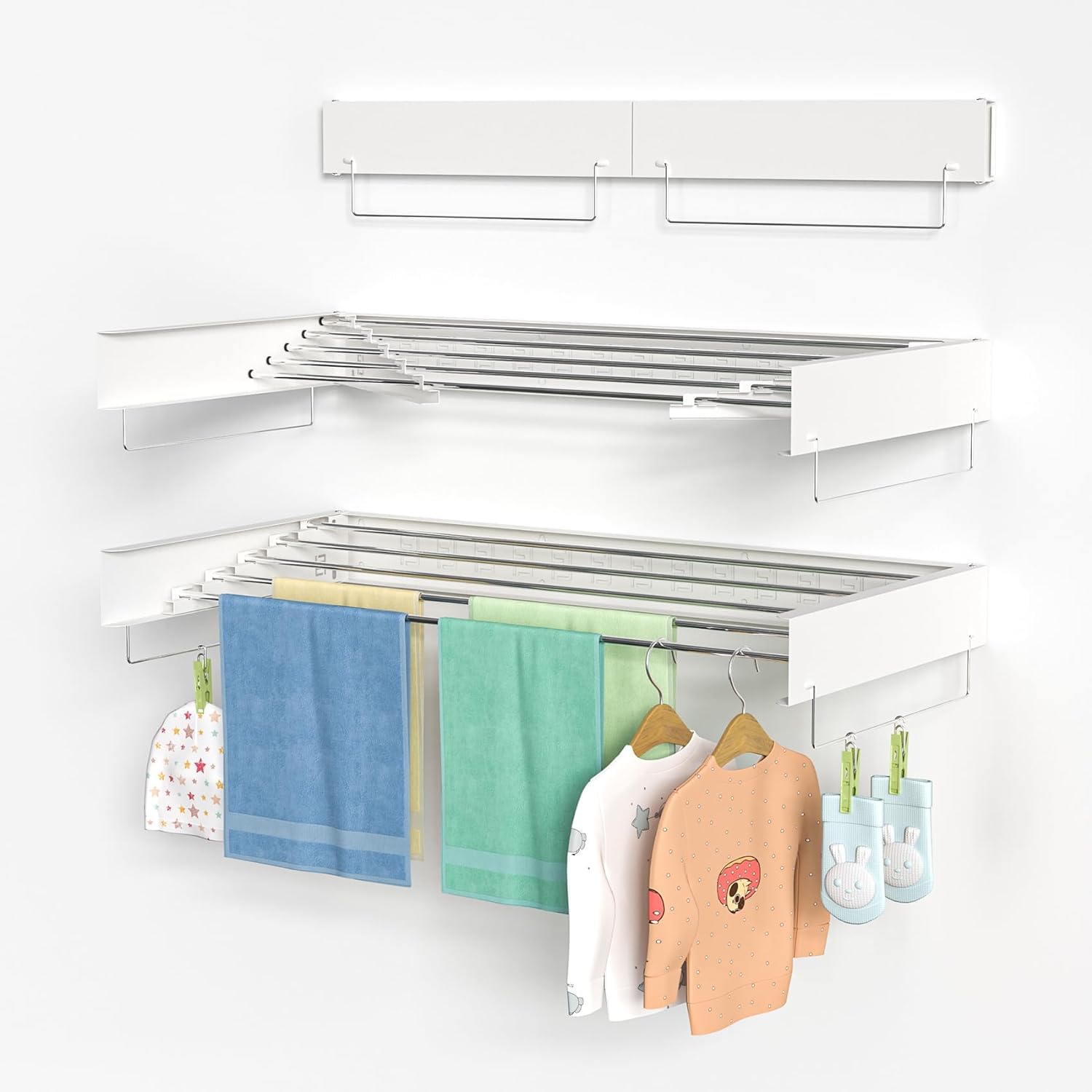 Zentuary Home Wall Mounted Drying Rack – Space-Saving Foldable Laundry Clothes Dryer with 2 Towel Rails, 3 Hangers & 6 Pegs Included |Collapsible Wall Drying Rack | Indoor & Outdoor Use, 31.5 Inches