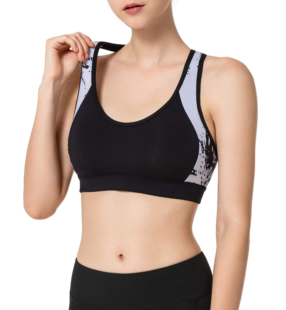 Yvette Damen Racerback High Impact Sport-BH mit Gesäßtasche, Lauf- und Workout-BH - Schwarz - M+
