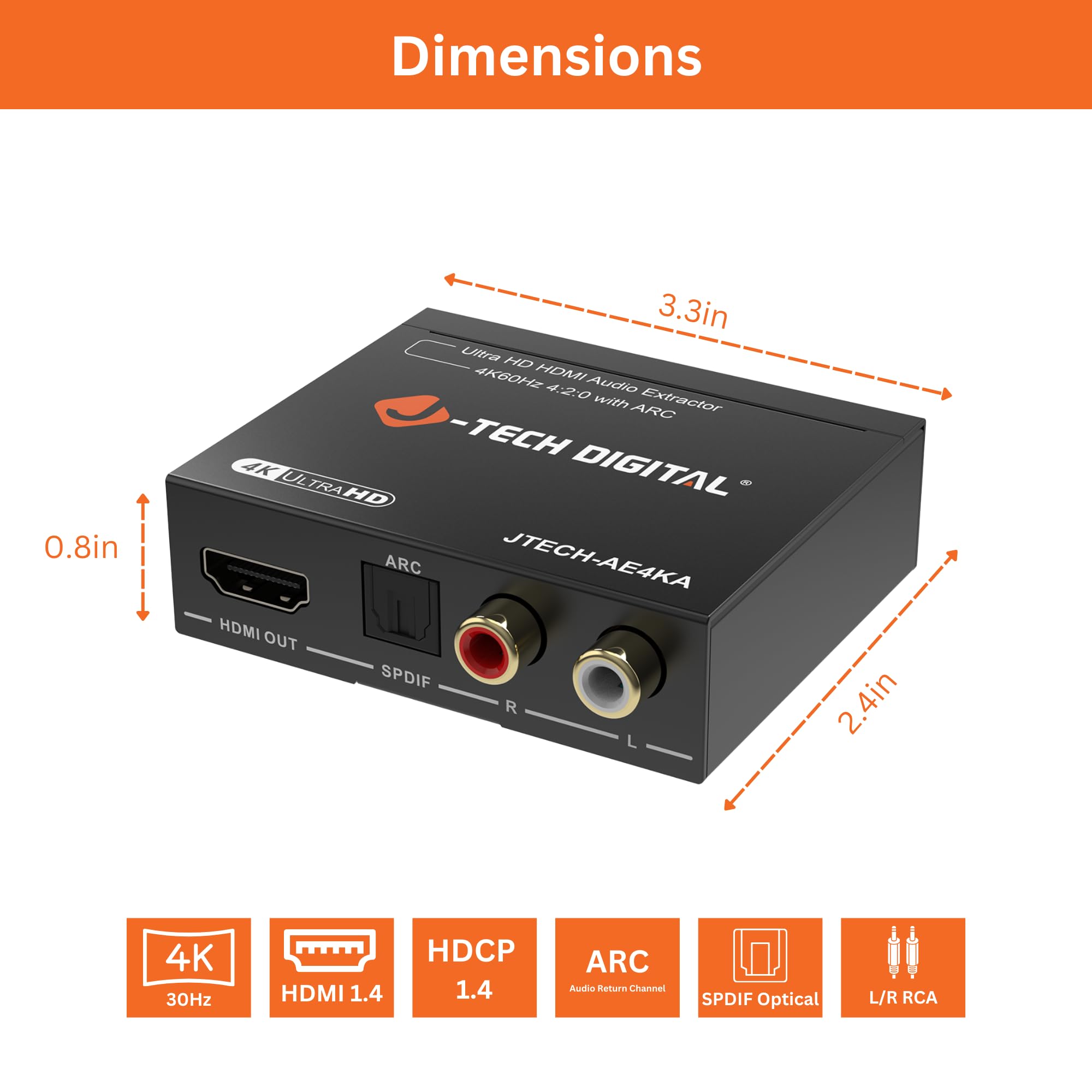 J-Tech Digital Estrattore audio HDMI 4K a 60Hz con ARC, convertitore da HDMI a RCA e ottico, supporto Dolby Digital/DTS Stereo per TV, console di gioco, Blu-ray, laptop [JTECH-AE4KA]