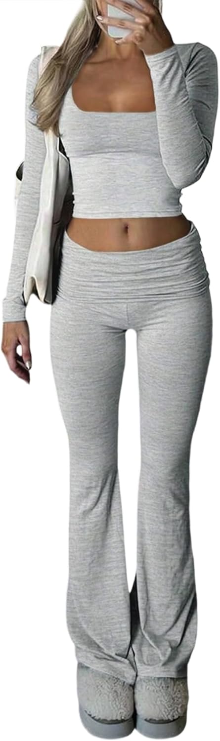 GFU Lounge Sets for Women 2 Piece Outfits Square Neck Long Sleeve Crop Top Foldover Flare Pants Casual Yoga Workout Sets