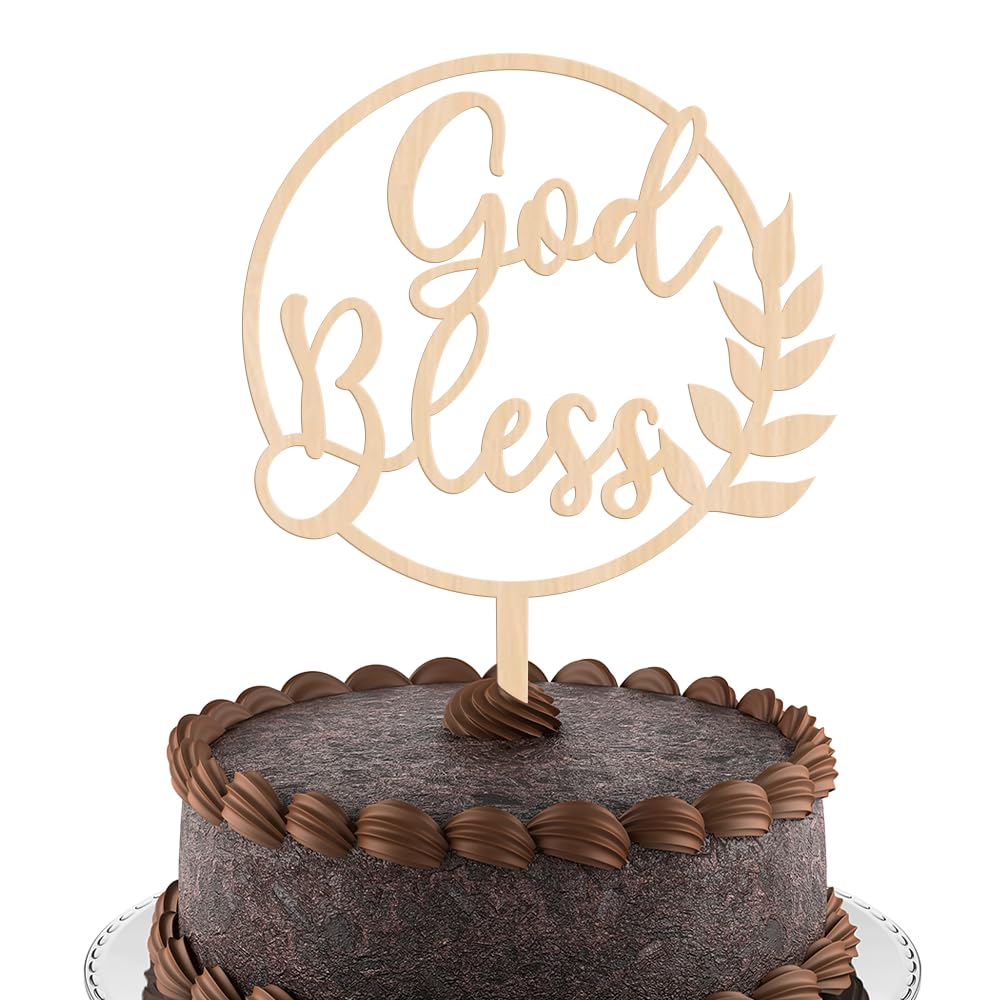 God Bless Cake Topper with Olive Branch Wooden Baptism Cake Topper First Communion Cake Decoration for Boys and Girls (Design 02)