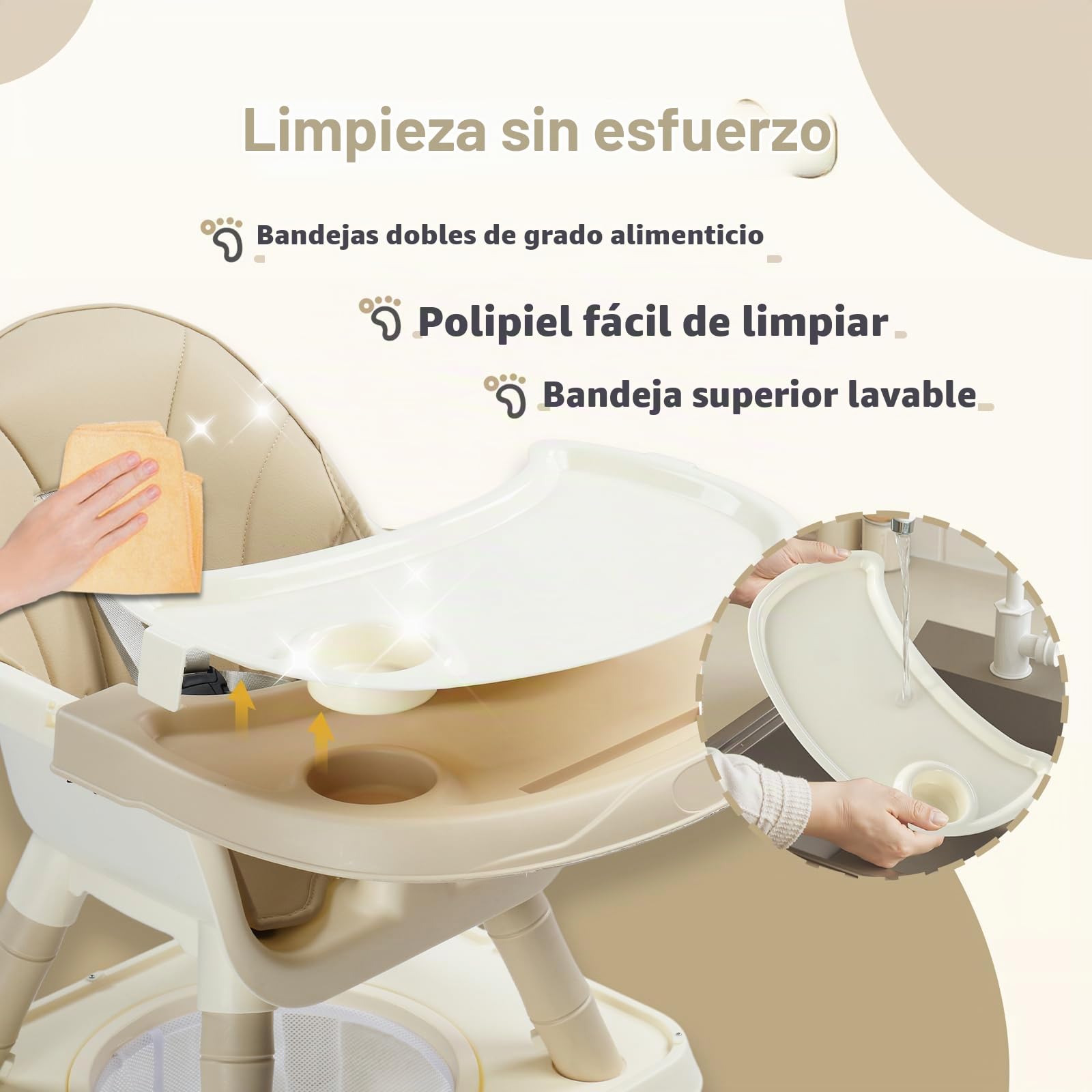 Bonnlo Silla Alta para Bebé con Función de Reclinación, Silla para Bebé a Partir de 6 Meses para Comer y Bañera, Premium con Marco Dorado, Incl. Bandeja Doble y Reposapiés, Hasta 15 kg (Beige, 6560)