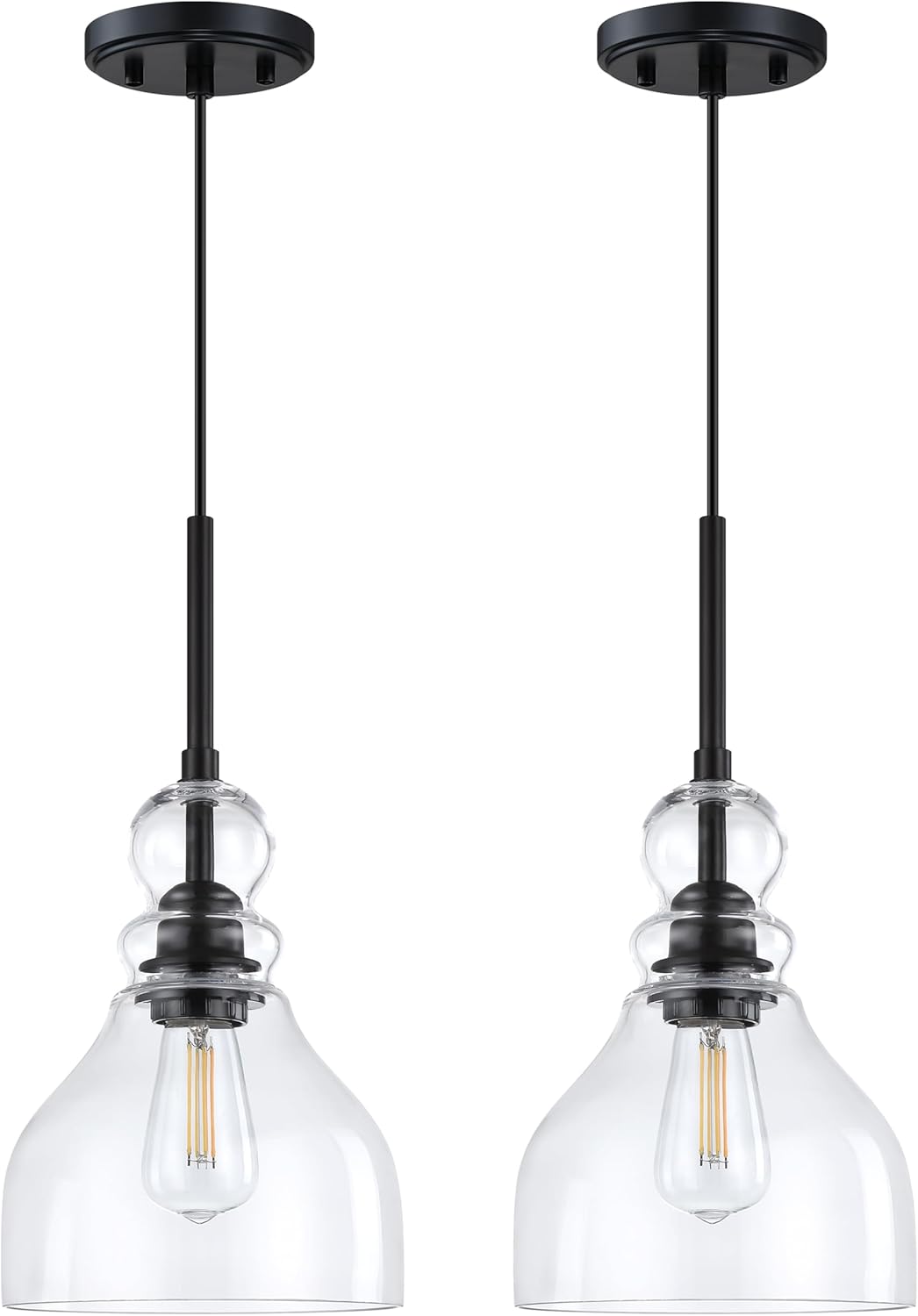 2 Pack 1 Light Kitchen Island Pendant Ceiling Light 6.5" Clear Glass Black Finish Fixture,Modern Industrial Farmhouse Pendant Lamp for Bedside Over Sink Hallway