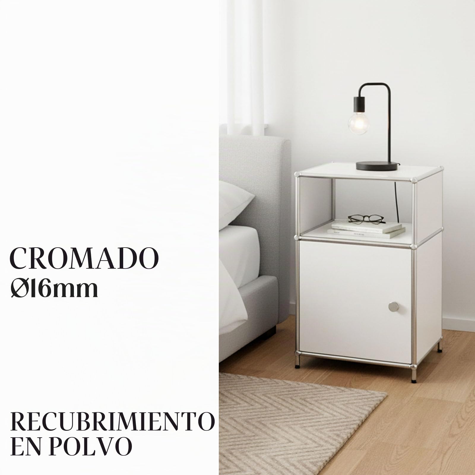 Floordirekt Concept Epure MK-040 - Estantería de metal, mesa auxiliar, color blanco, cromo, 65 x 40 cm, sistema modular de ranuras en diseño moderno, estantería de metal para salón, oficina, pasillo
