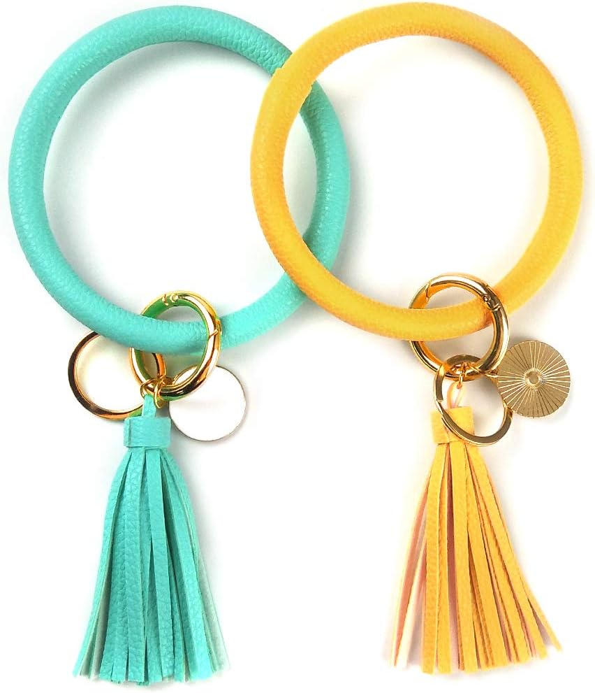 2pcs Wristlet Keychain Bracelet Bangle Keyring, Circle Key Ring Leather Tassel Bracelet Holder For Women Girl