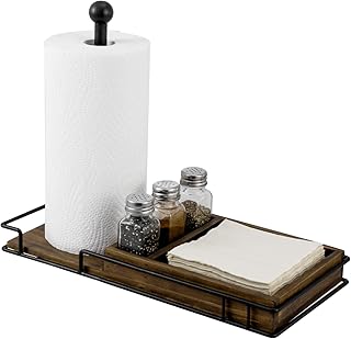 MyGift Rustic Kitchen and Dining Combo Caddy - Burnt Solid Wood and Industrial Matte Black Metal Paper Towel Roll Dispenser Stand, Napkin Holder, Spice Rack with 3 Shakers