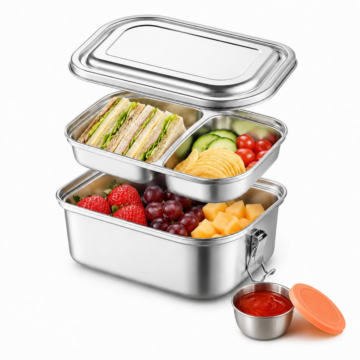 CECOMBINE 1600ml Stainless Steel Lunch Box, 2 Tier Metal Bento Lunch Box with Leakproof Lid, 2 Compartments Food Container with Sauce Pot for Adults Kids, Work, School, Picnic, Camping and Meal Prep