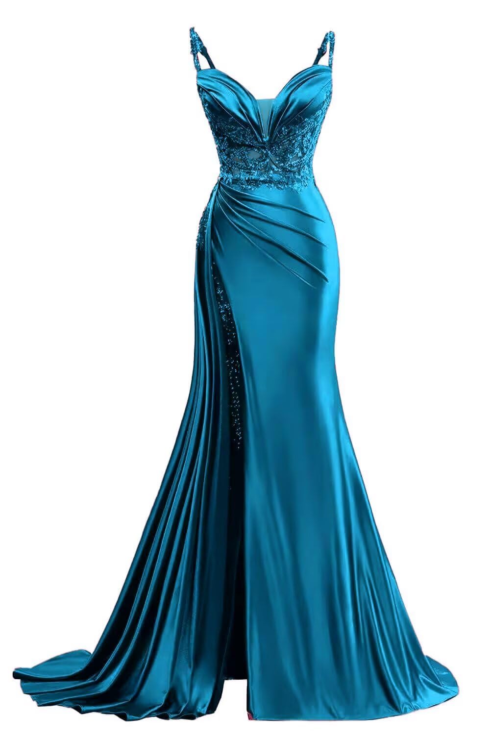 Mermaid Lace Prom Dresses with Slit Train Satin Spaghetti Straps V Neck Formal Evening Gowns