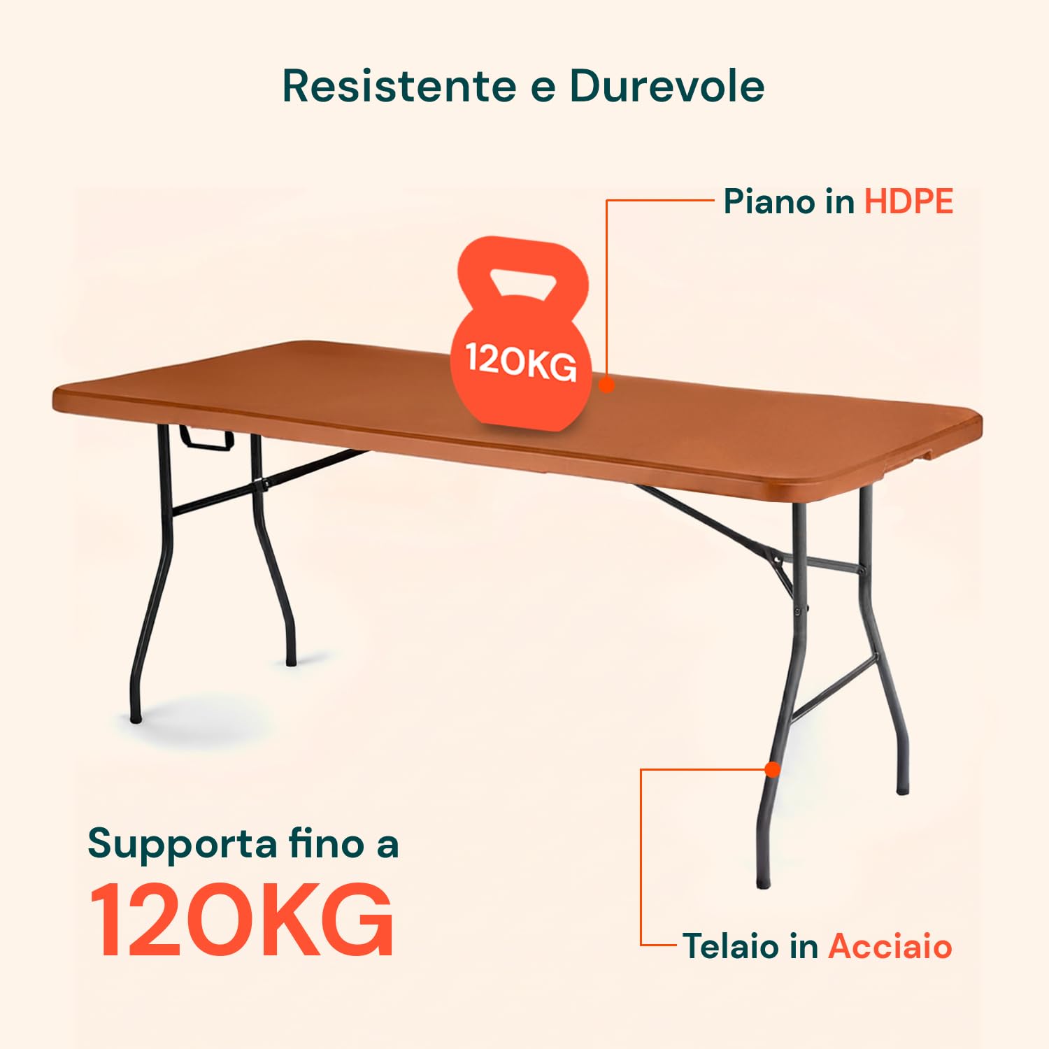 Avilia - Tavolo Pieghevole da Pranzo Salvaspazio per Cucina e Soggiorno, Richiudibile e Portatile con Blocco di Sicurezza, Superficie in HDPE per 6 Persone, 180x70x74 cm (Marrone)