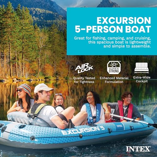 INTEX 66325EP Excursion 5 Inflatable Boat Set: Includes Deluxe 54in Aluminum Oars and High-Output-Pump – Adjustable Seats with Backrest – Fishing Rod Holders – 5-Person – 1320lb Weight Capacity - Image 3