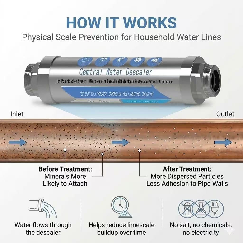 Whole House Water Descaler 3/4” NPT – Hard Water Scale Inhibitor, No Salt Physical Water Conditioner for Main Water Line, Maintenance-Free, Helps Reduce Limescale in Pipes & Appliances