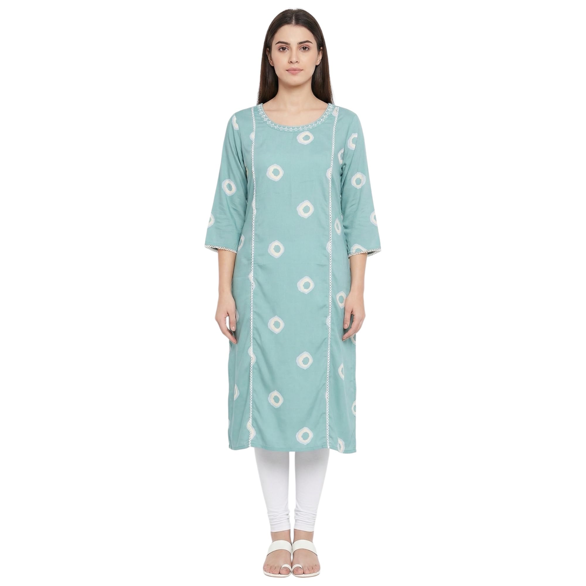 kamlini vastra Elegant Women's Aqua Rayon Kurti, Round Neck, White Print Pattern,Embroidered Round Neck, 3/4 Sleeve, Casual-picture-12